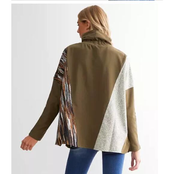 BKE Patchwork Sweater Women S Olive Green Cowl Neck Colorblock Dolman Sleeve - Picture 5 of 13